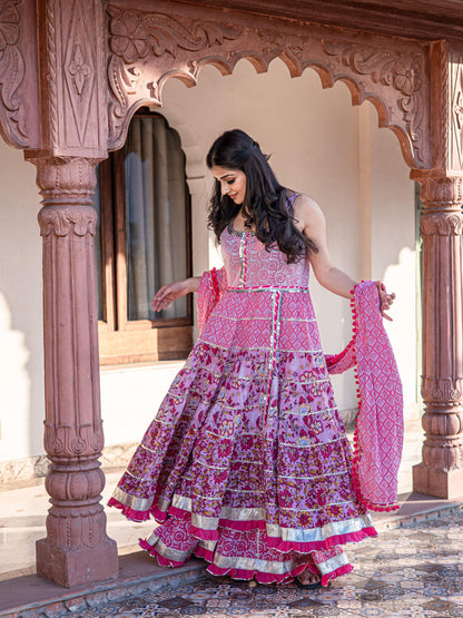 Eshani Pink Cotton Sleeves less Anarkali Sharara set with Dupatta - divenaworld.com