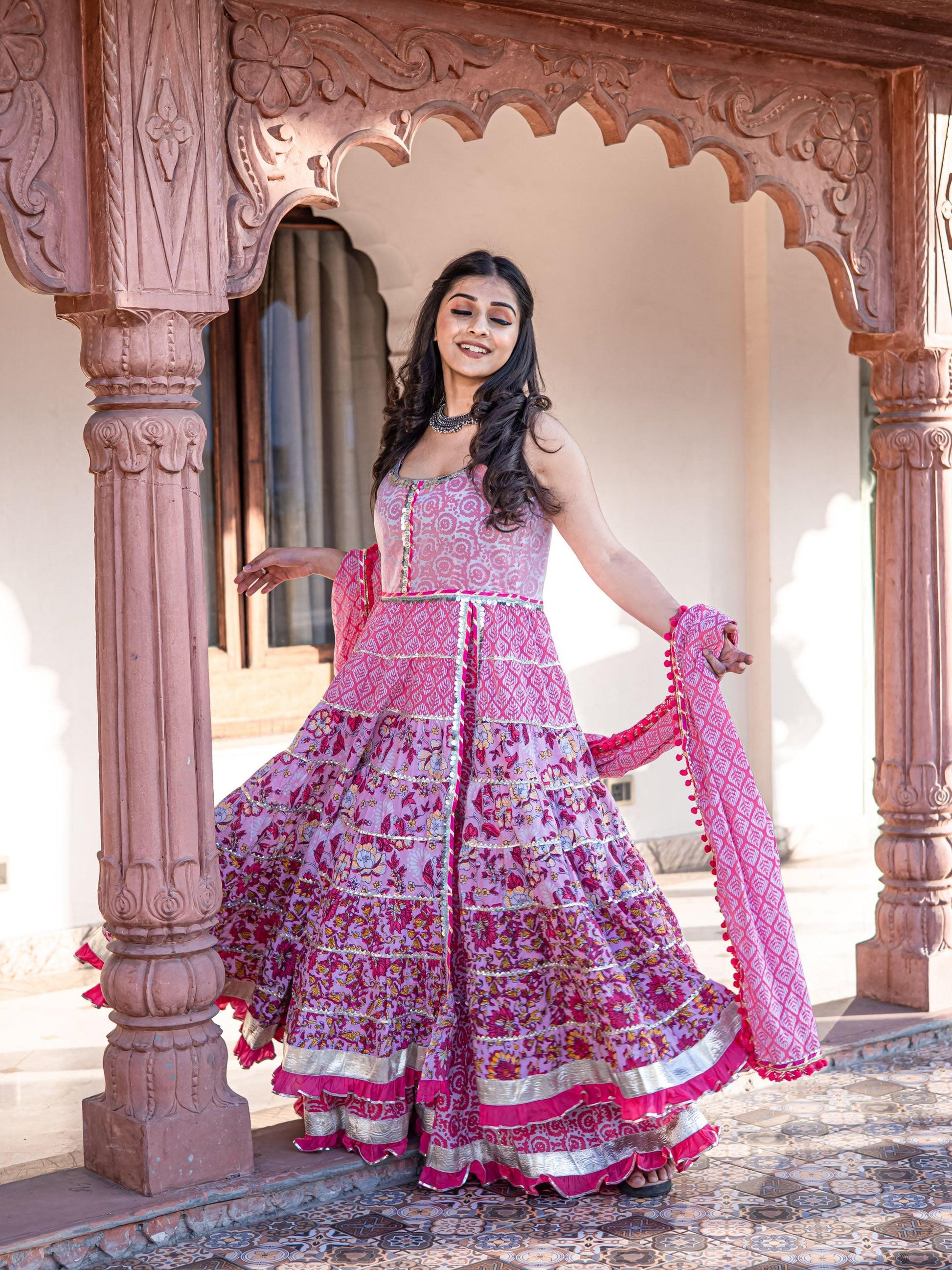 Eshani Pink Cotton Sleeves less Anarkali Sharara set with Dupatta - divenaworld.com