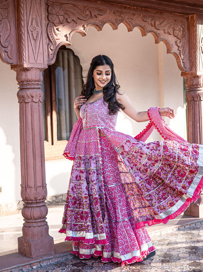 Eshani Pink Cotton Sleeves less Anarkali Sharara set with Dupatta - divenaworld.com