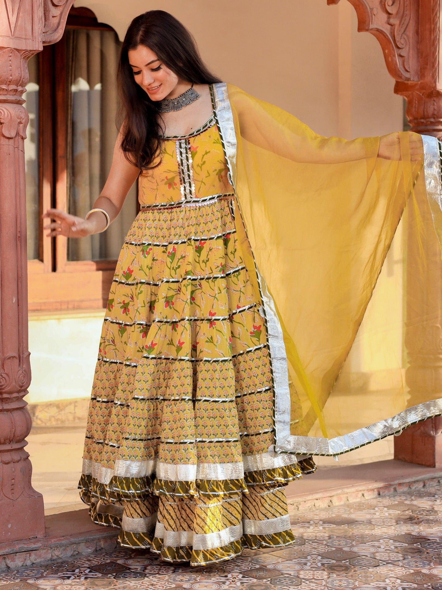 Eshani Yellow Cotton Sleeves less anarkali Skirt Set With Dupatta - divenaworld.com