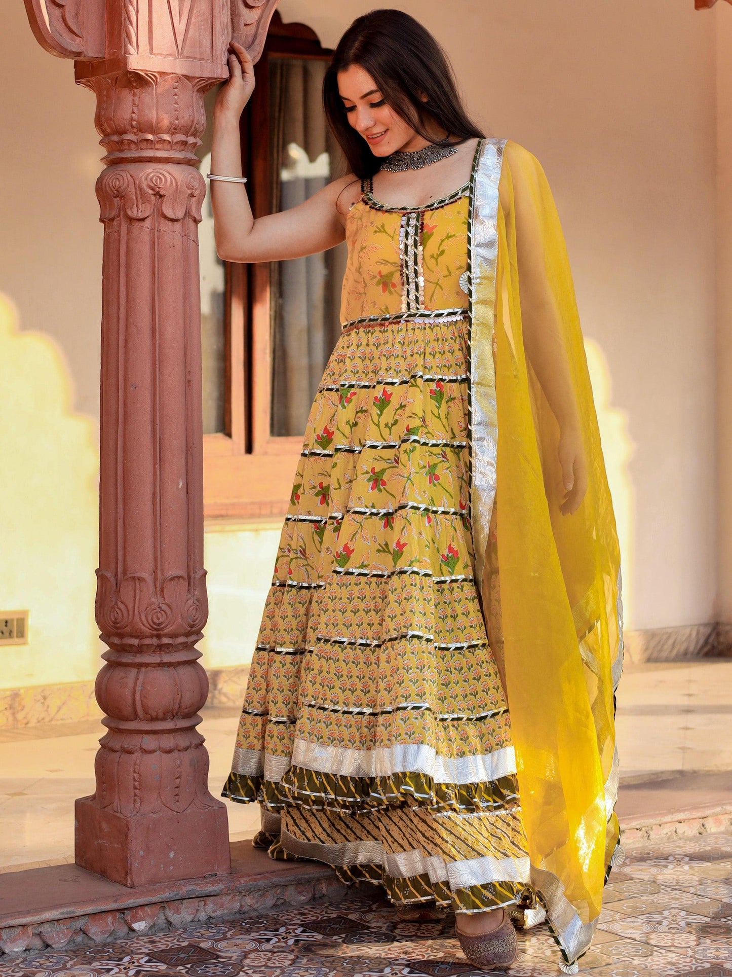 Eshani Yellow Cotton Sleeves less anarkali Skirt Set With Dupatta - divenaworld.com