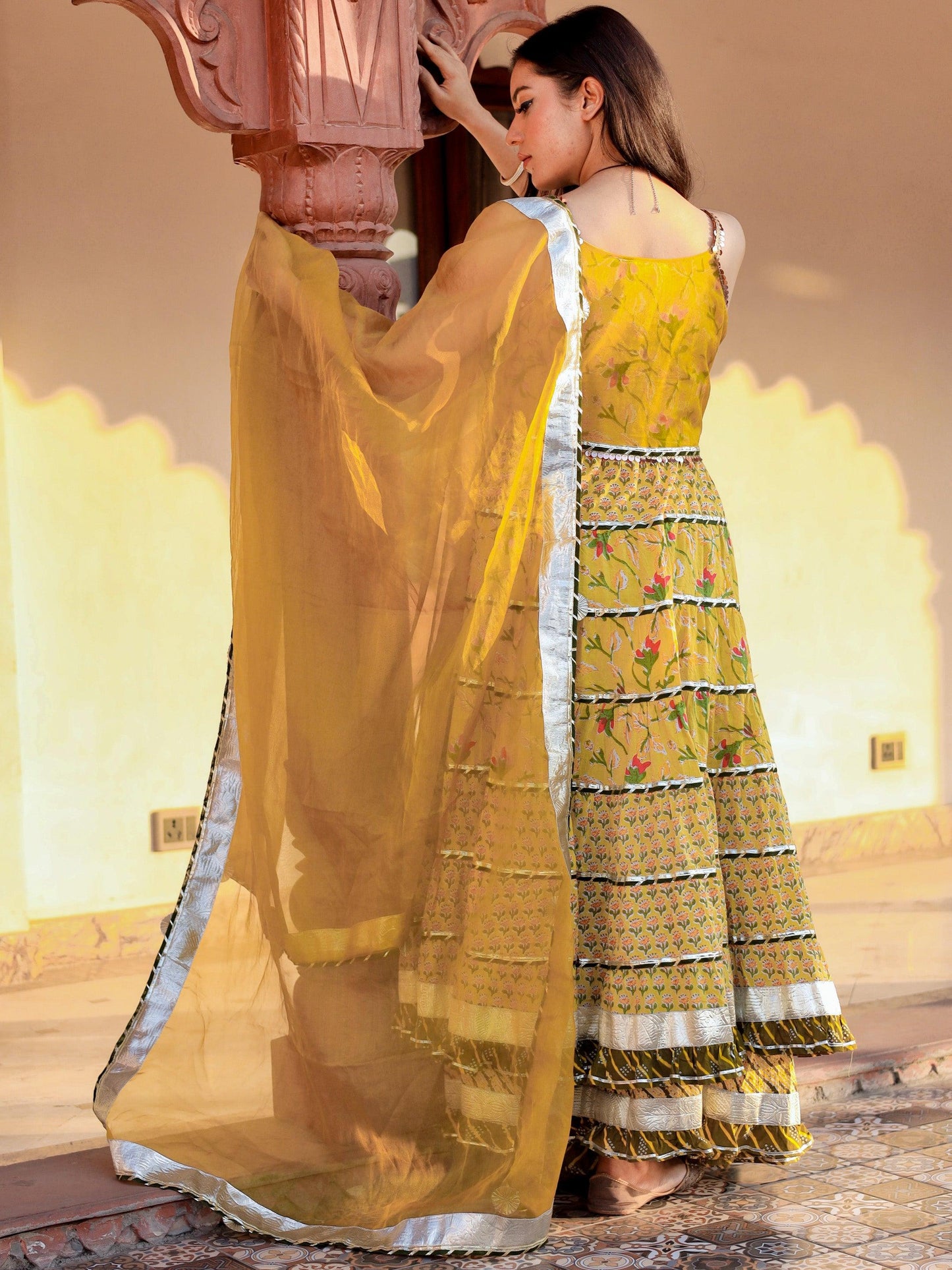 Eshani Yellow Cotton Sleeves less anarkali Skirt Set With Dupatta - divenaworld.com