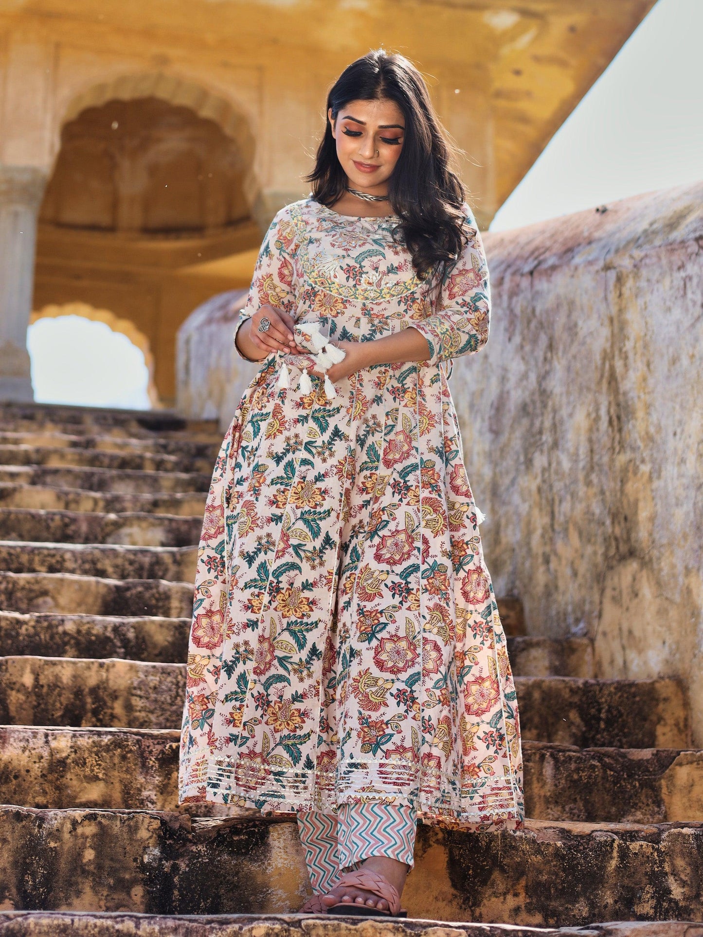 Eshani Off white Cotton Anarkali Kurta Pant Set - divenaworld.com