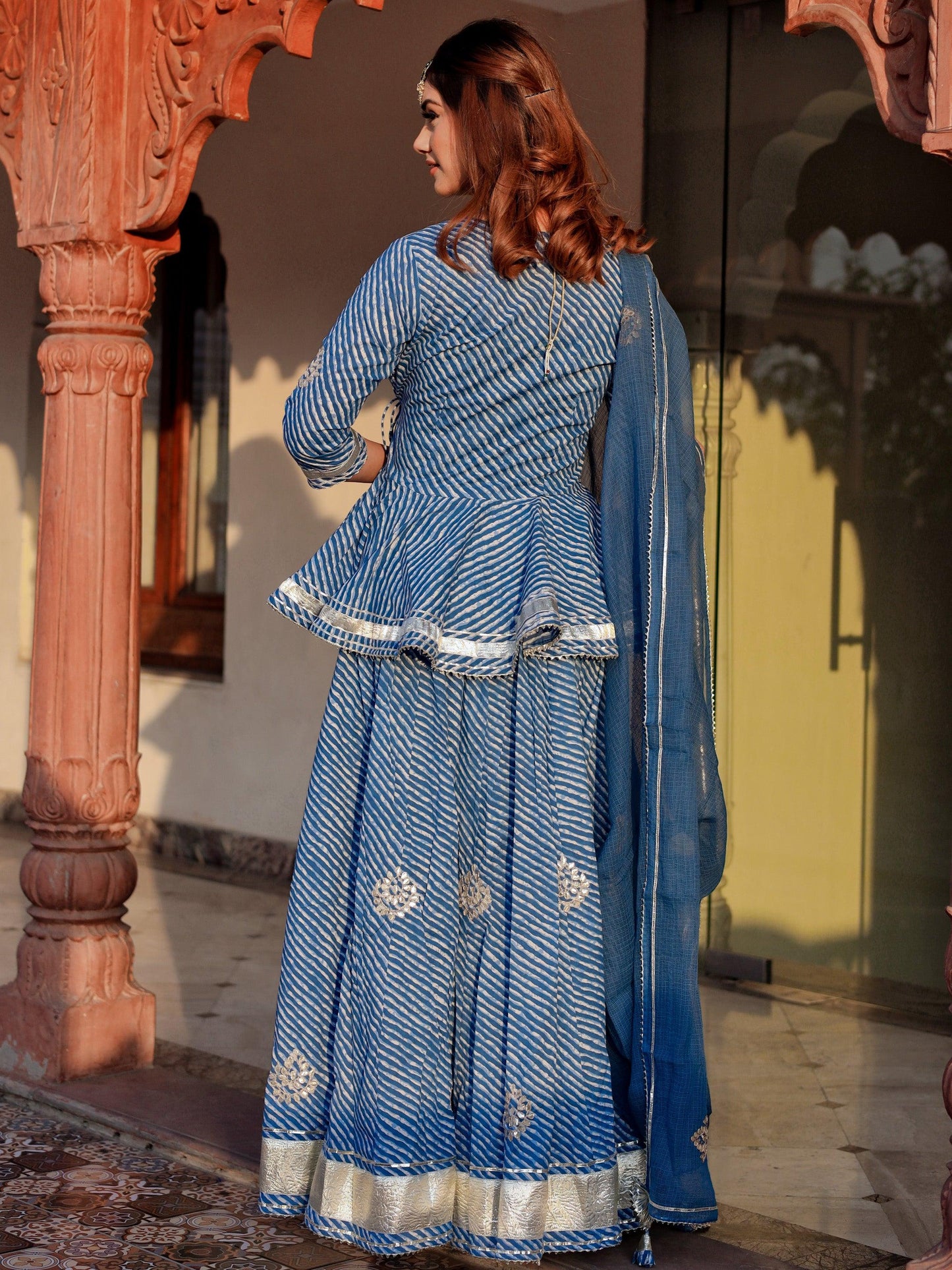 Eshani Blue Lehriya lehenga dupatta set - divenaworld.com