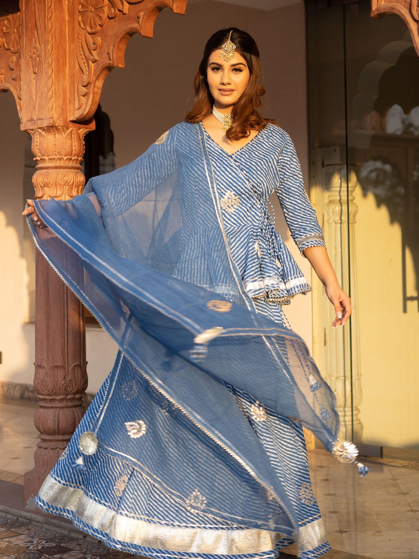 Eshani Blue Lehriya lehenga dupatta set - divenaworld.com