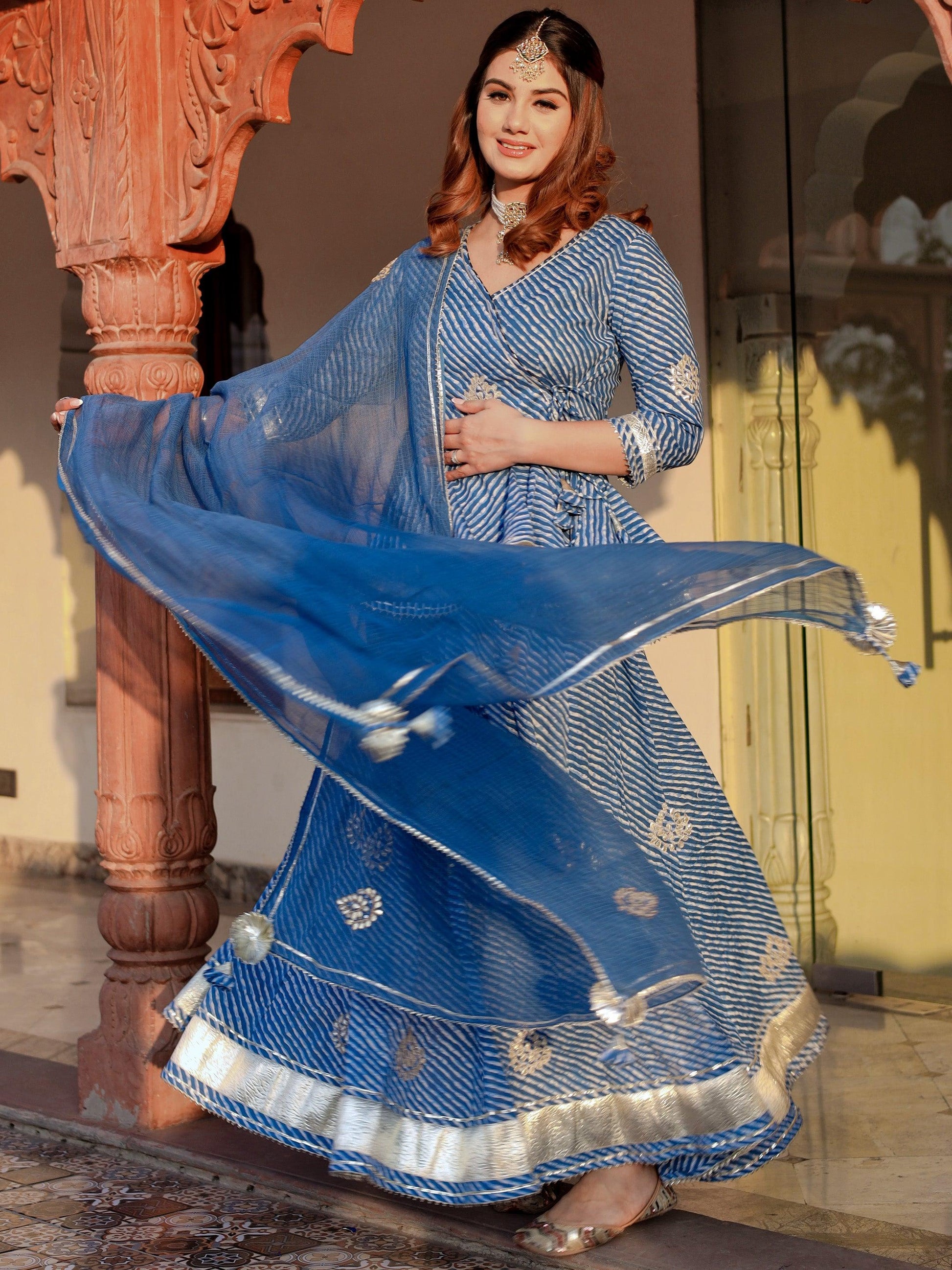 Eshani Blue Lehriya lehenga dupatta set - divenaworld.com