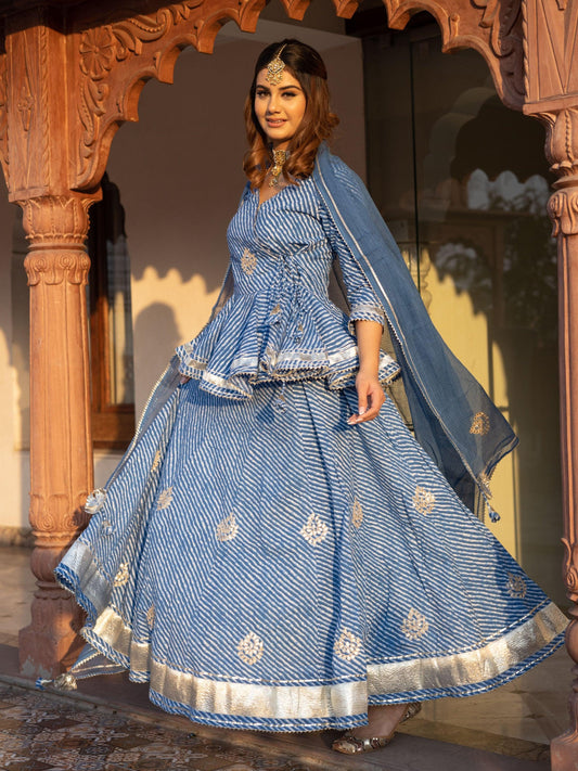 Eshani Blue Lehriya lehenga dupatta set - divenaworld.com