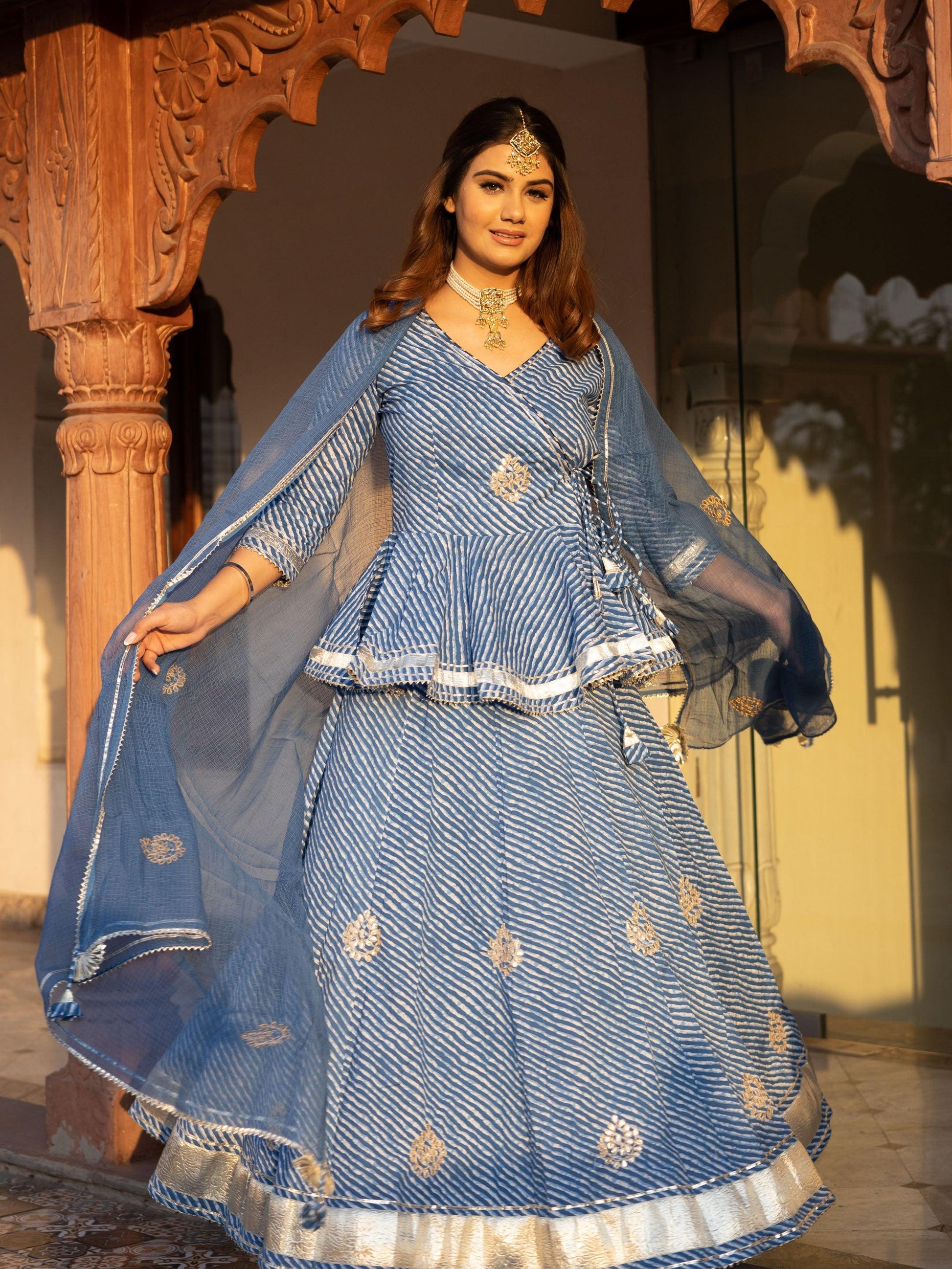 Eshani Blue Lehriya lehenga dupatta set - divenaworld.com