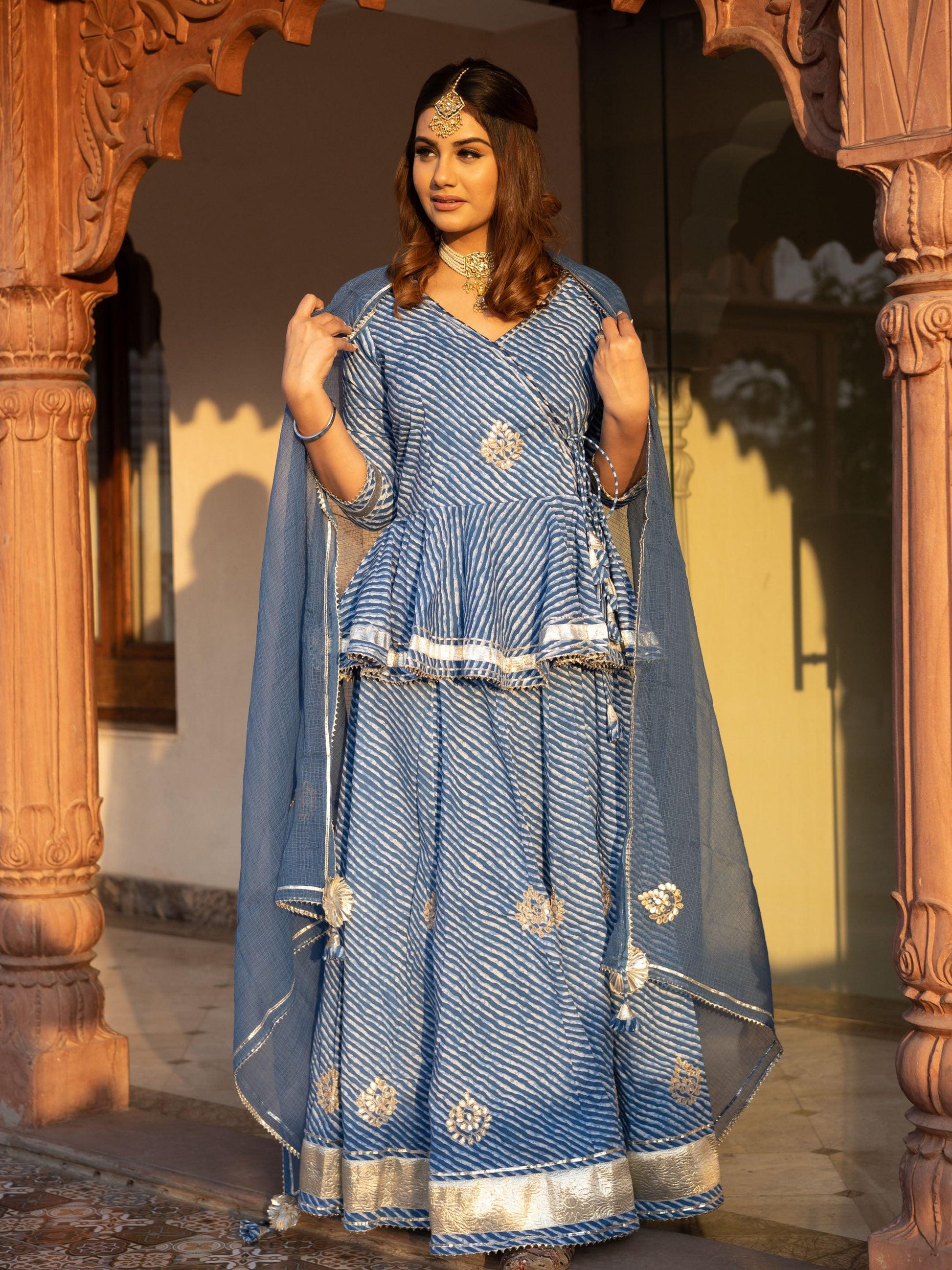 Eshani Blue Lehriya lehenga dupatta set - divenaworld.com