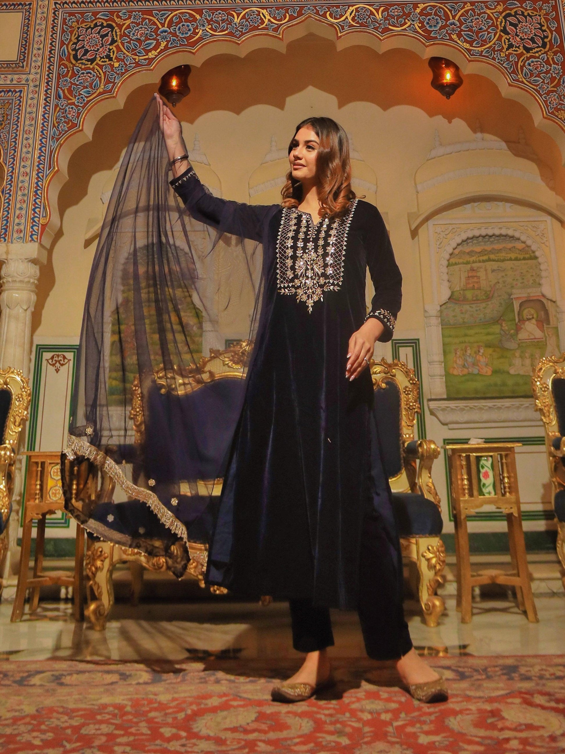 Eshani Royal Blue Velvet hand work Kurta pant With Net Dupatta set - divenaworld.com