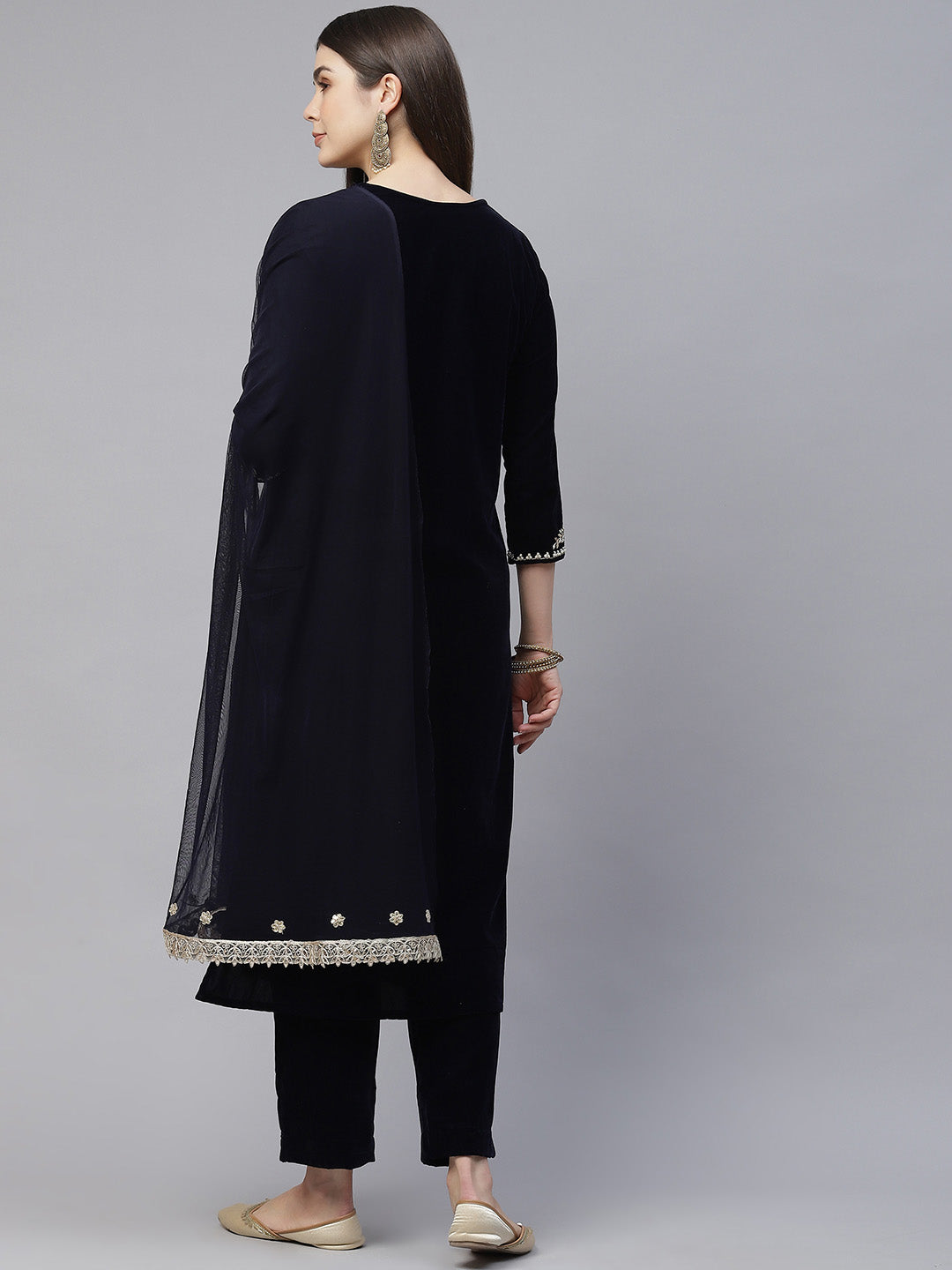 Eshani Royal Navy Blue Velvet Zardozi work Embroidered Kurta Pant With Net Dupatta set