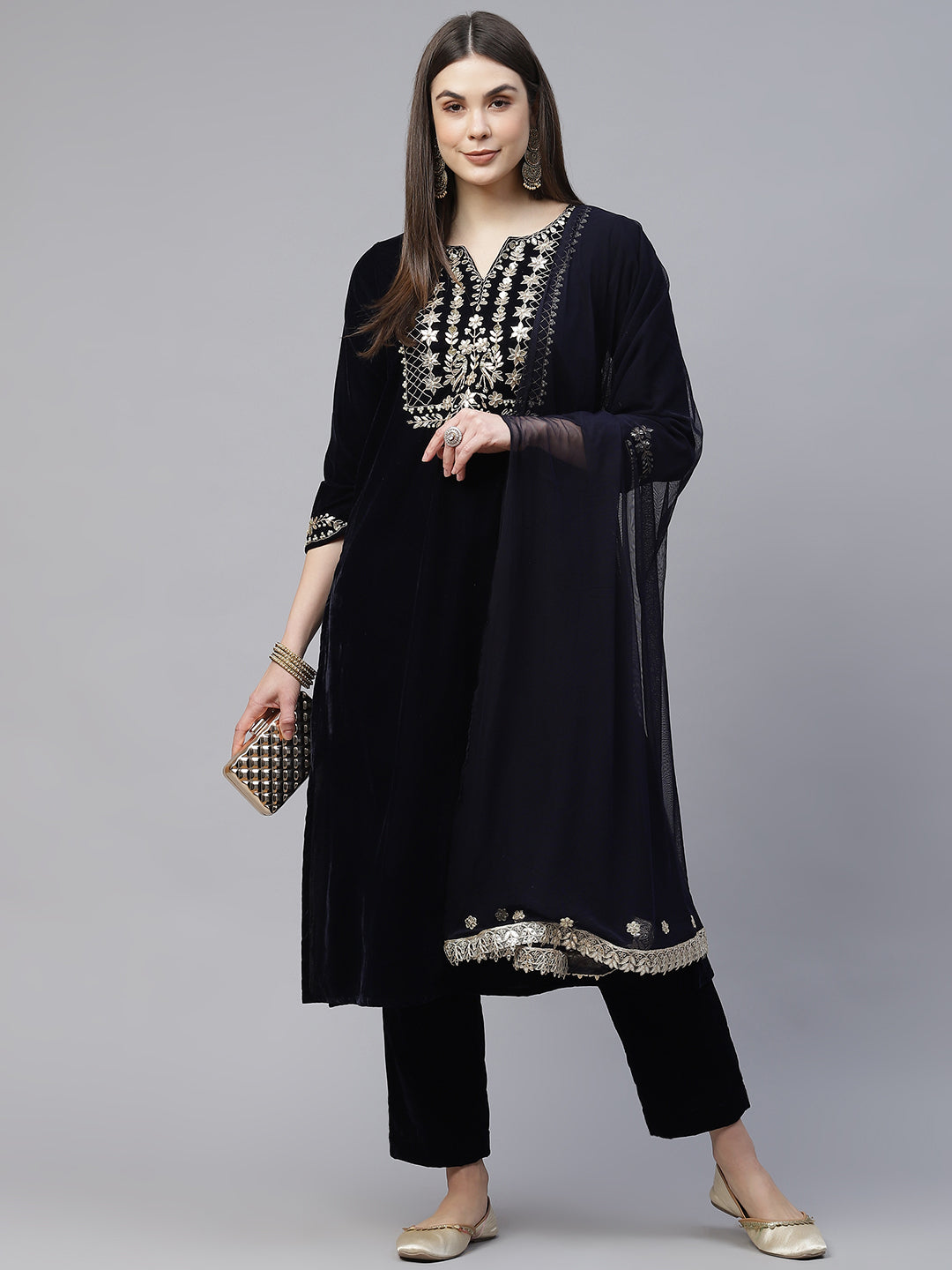 Eshani Royal Navy Blue Velvet Zardozi work Embroidered Kurta Pant With Net Dupatta set