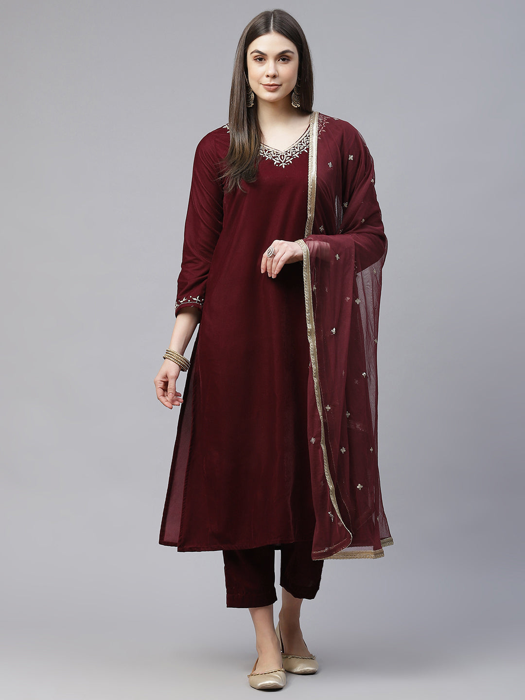 Eshani Maroon Velvet hand work Kurta pant With Net Dupatta set