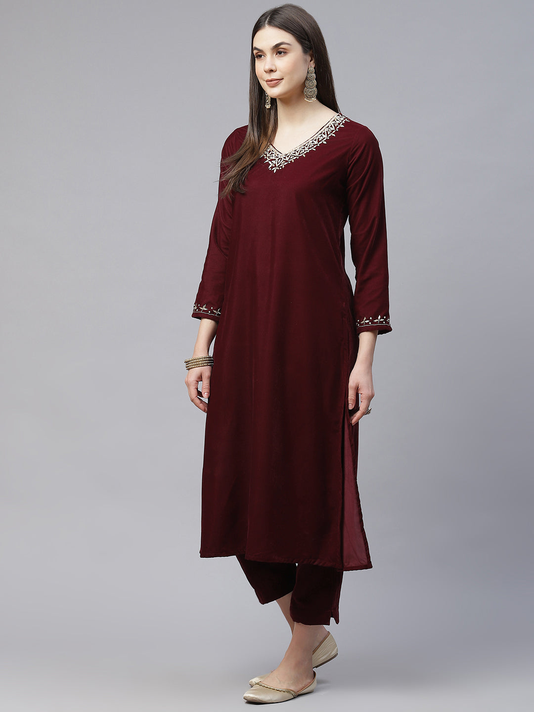 Eshani Maroon Velvet hand work Kurta pant With Net Dupatta set