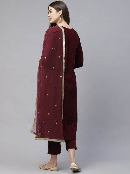 Eshani Maroon Velvet hand work Kurta pant With Net Dupatta set