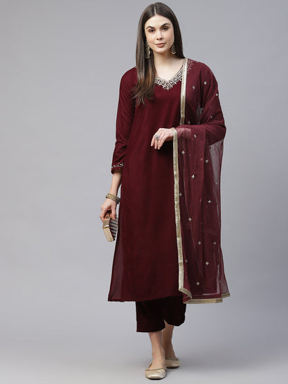 Eshani Maroon Velvet hand work Kurta pant With Net Dupatta set