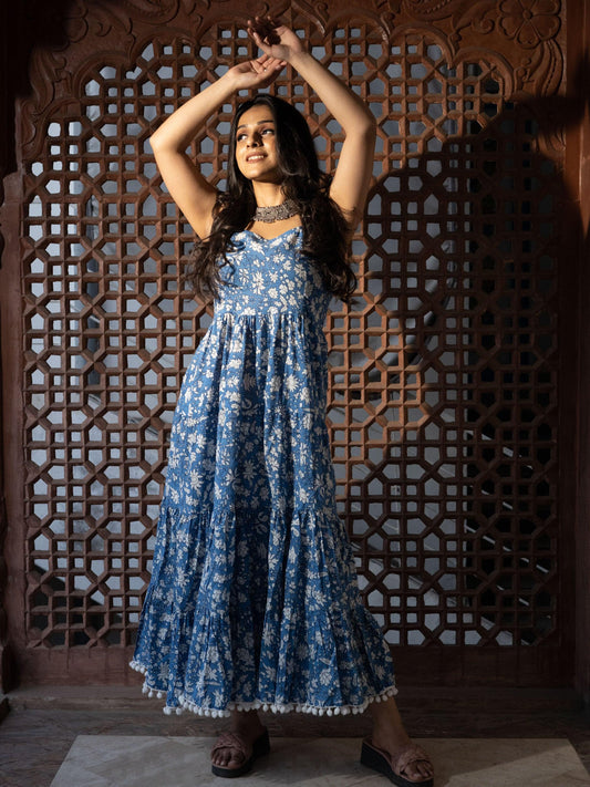 Eshani Indigo Floral Printed Shoulder Strip Long Dress - divenaworld.com