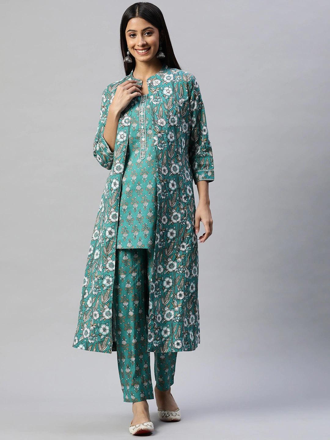 Eshani Green Cotton Floral Printed Three Piece Indowestern Kurta Pant Set with Jacket - Eshani world