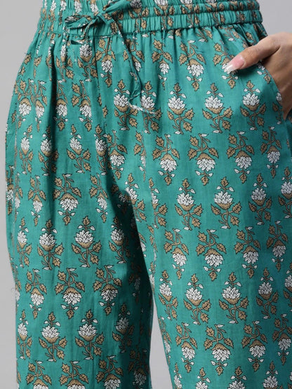 Eshani Green Cotton Floral Printed Three Piece Indowestern Kurta Pant Set with Jacket - Eshani world