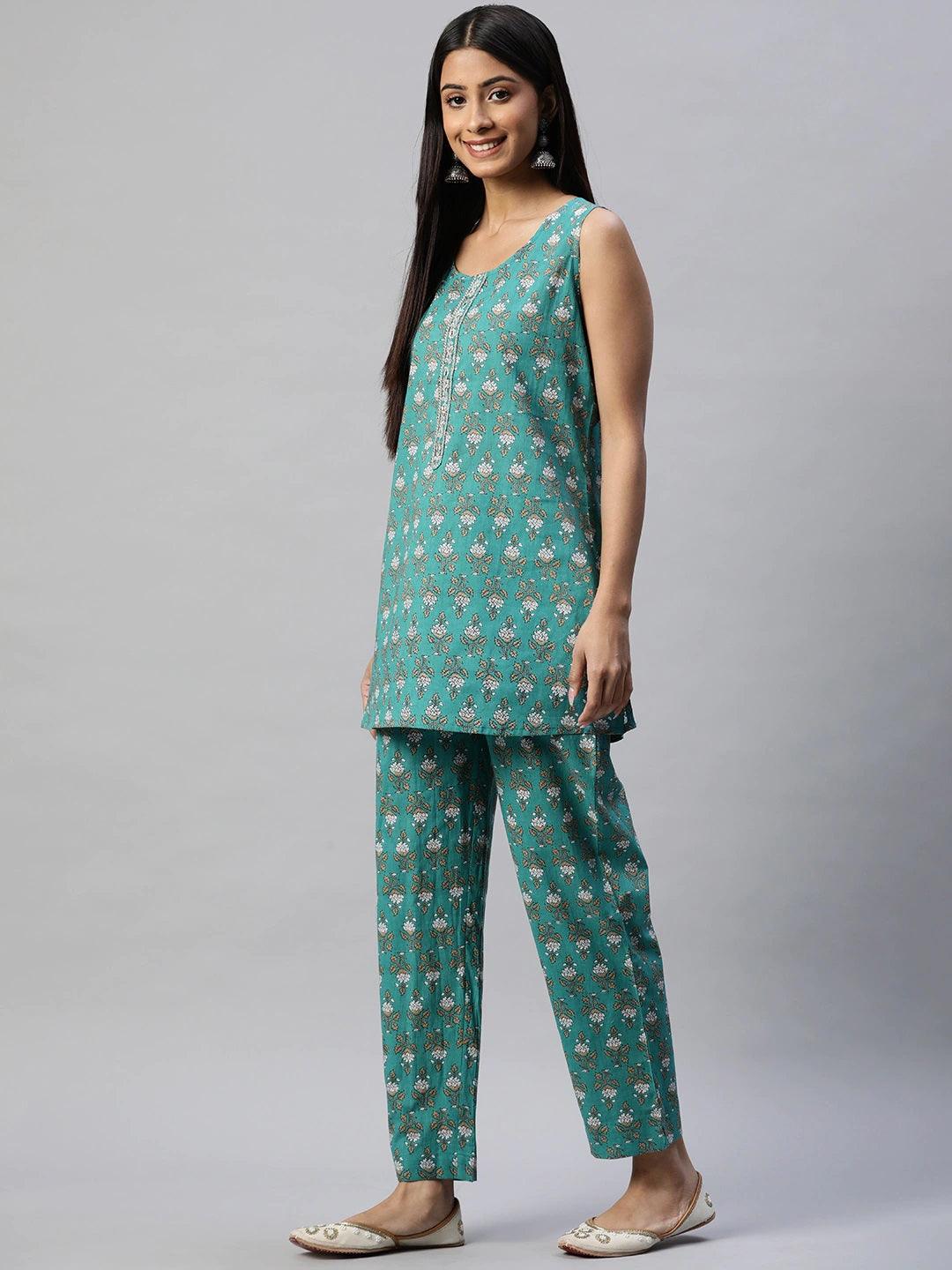 Eshani Green Cotton Floral Printed Three Piece Indowestern Kurta Pant Set with Jacket - Eshani world