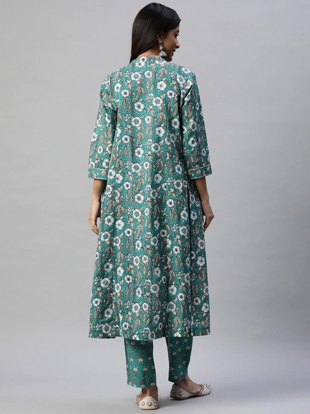 Eshani Green Cotton Floral Printed Three Piece Indowestern Kurta Pant Set with Jacket - Eshani world