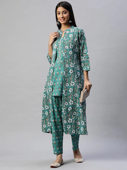 Eshani Green Cotton Floral Printed Three Piece Indowestern Kurta Pant Set with Jacket - Eshani world