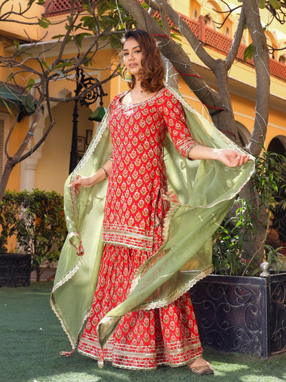 Eshani Red Cotton Dabu Printed Kurta Sharara Set with Kota Doria Dupatta - divenaworld.com