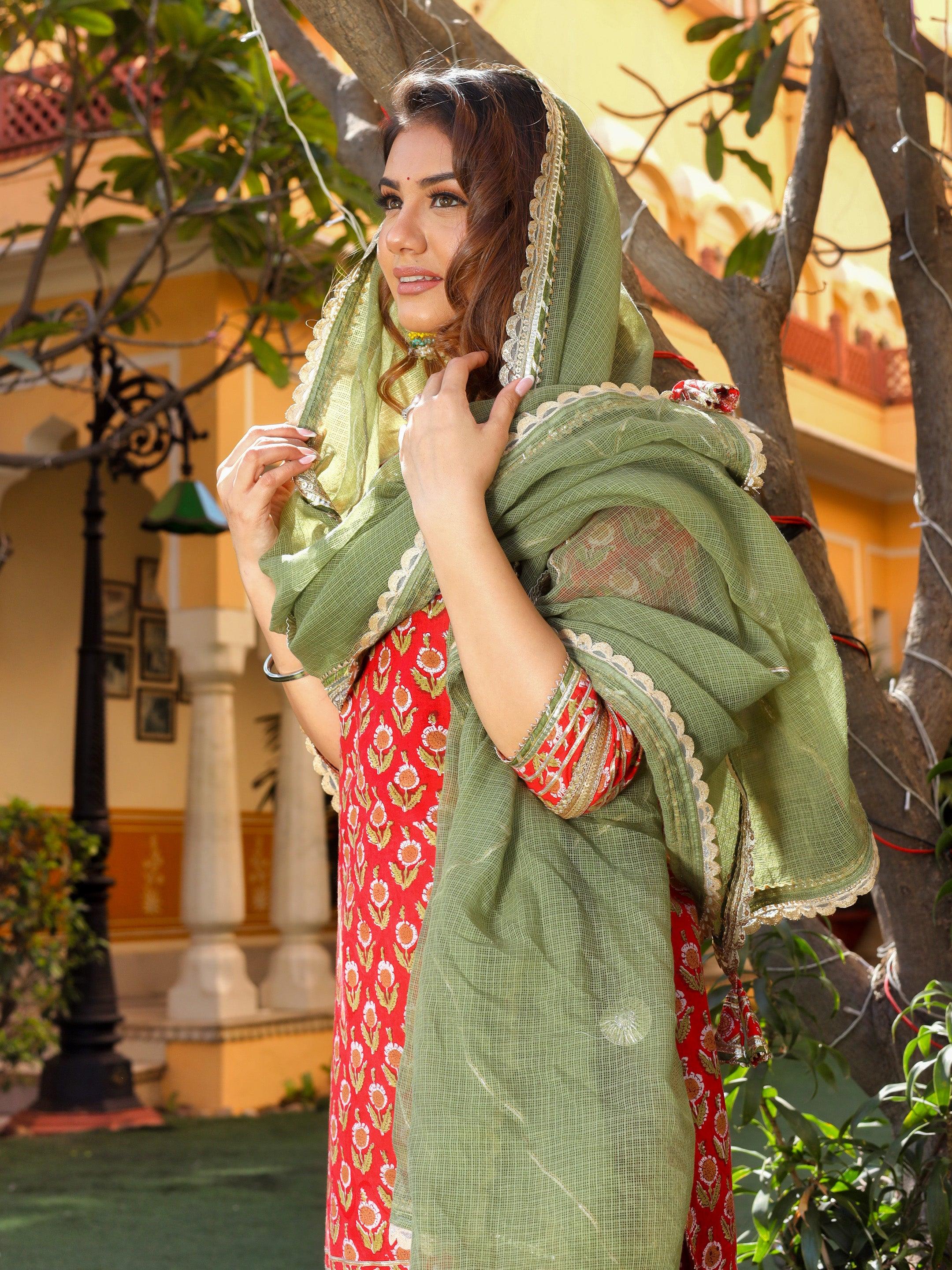Eshani Red Cotton Dabu Printed Kurta Sharara Set with Kota Doria Dupatta - divenaworld.com