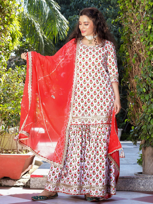 Eshani Red & White Cotton Dabu Printed Kurta Sharara Set with Kota Doria Dupatta - divenaworld.com