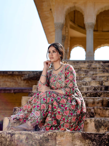 Eshani Green Floral Printed Anarkali Kurta Pant Sets - divenaworld.com