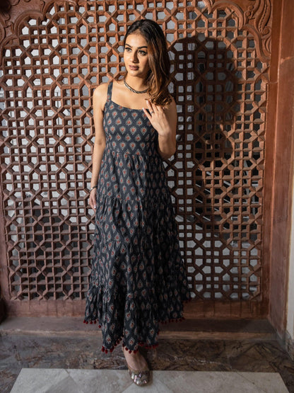 Eshani Navy Blue Buti Printed Shoulder Strip Long dress - divenaworld.com