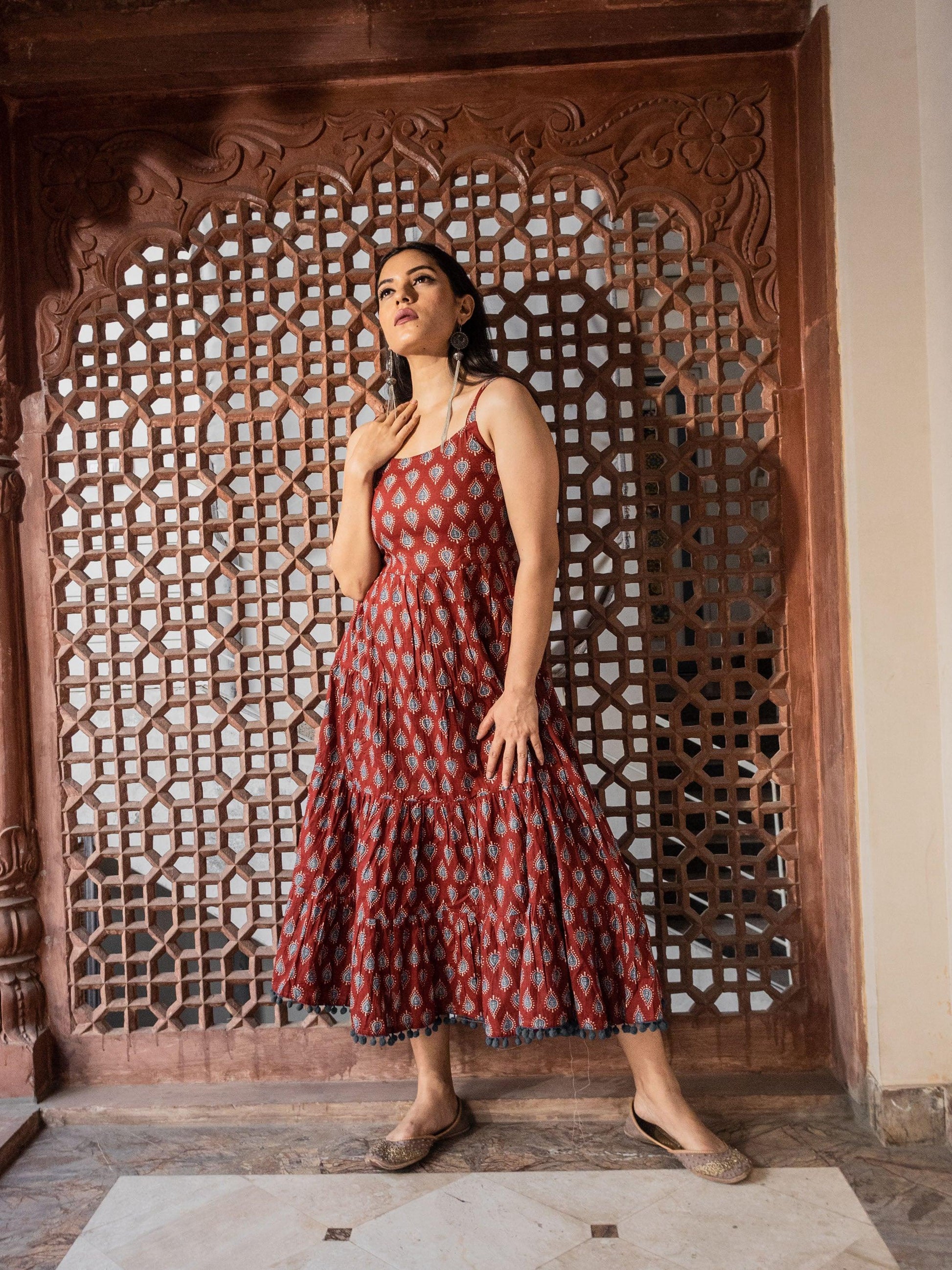 Eshani Maroon Buti Printed Shoulder Strip Long dress - divenaworld.com