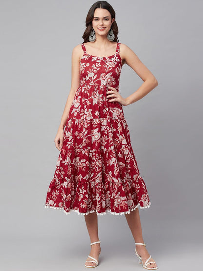 Eshani Red Floral Printed Shoulder Strap Long dress - Eshani world