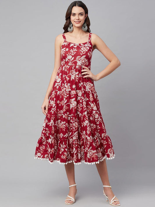 Eshani Red Floral Printed Shoulder Strap Long dress - Eshani world