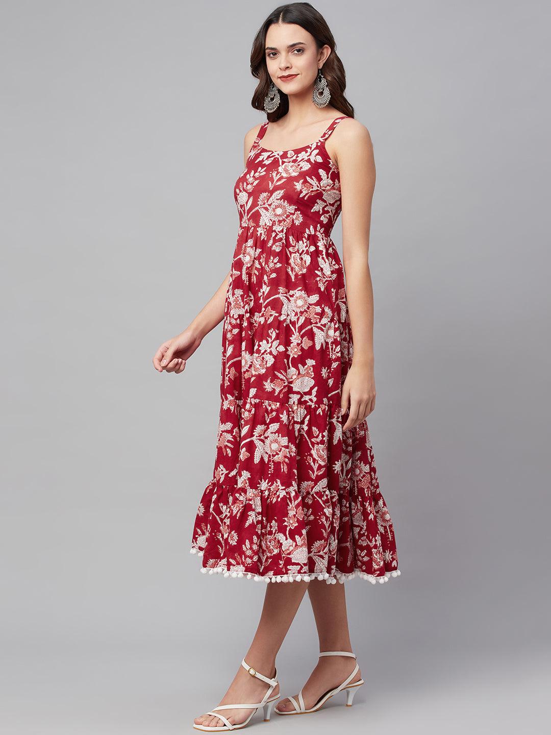 Eshani Red Floral Printed Shoulder Strap Long dress - Eshani world