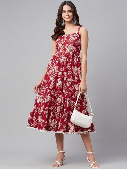 Eshani Red Floral Printed Shoulder Strap Long dress - Eshani world