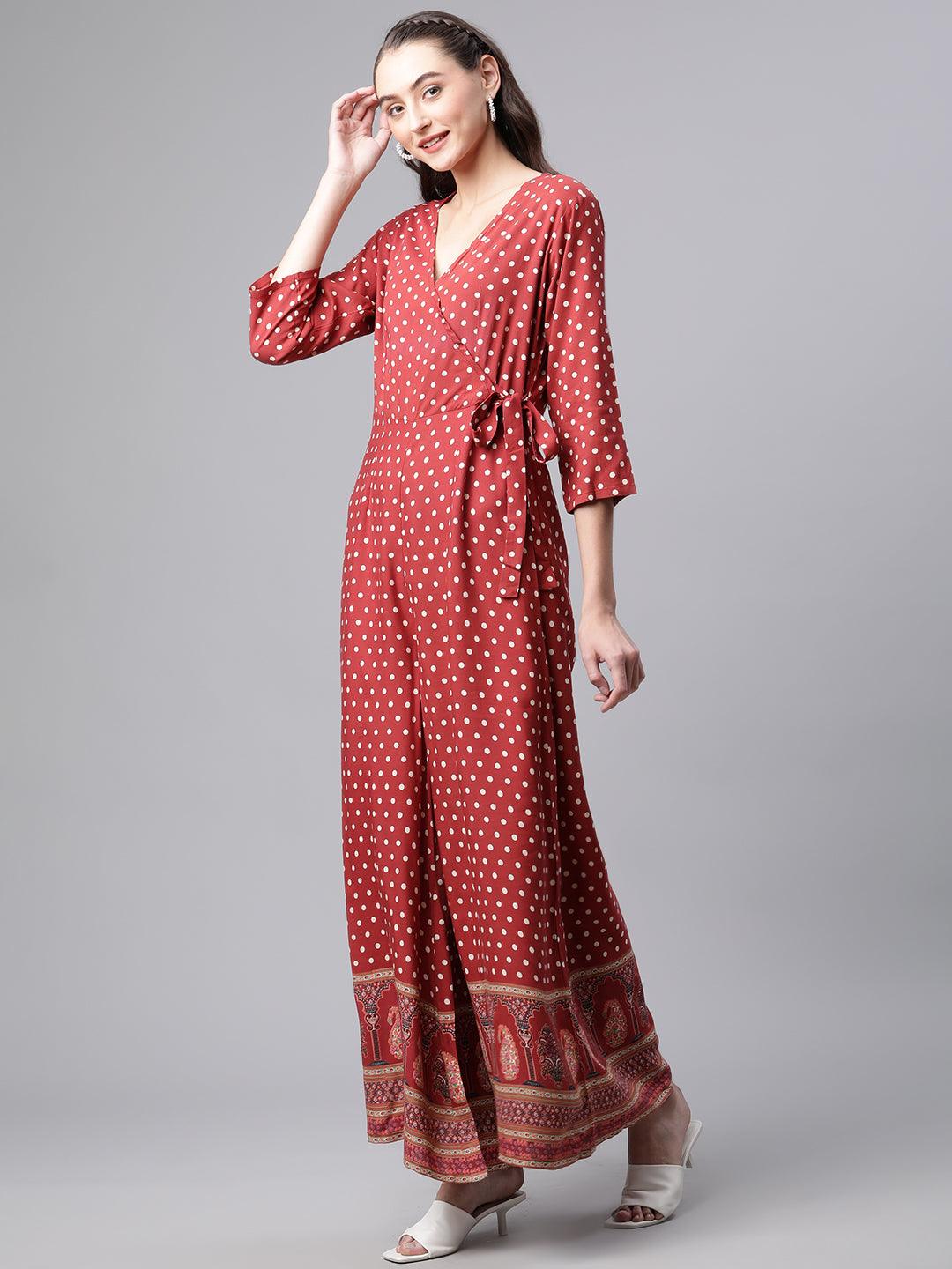 Eshani Maroon Polka Dots Printed Jumpsuit - Eshani world