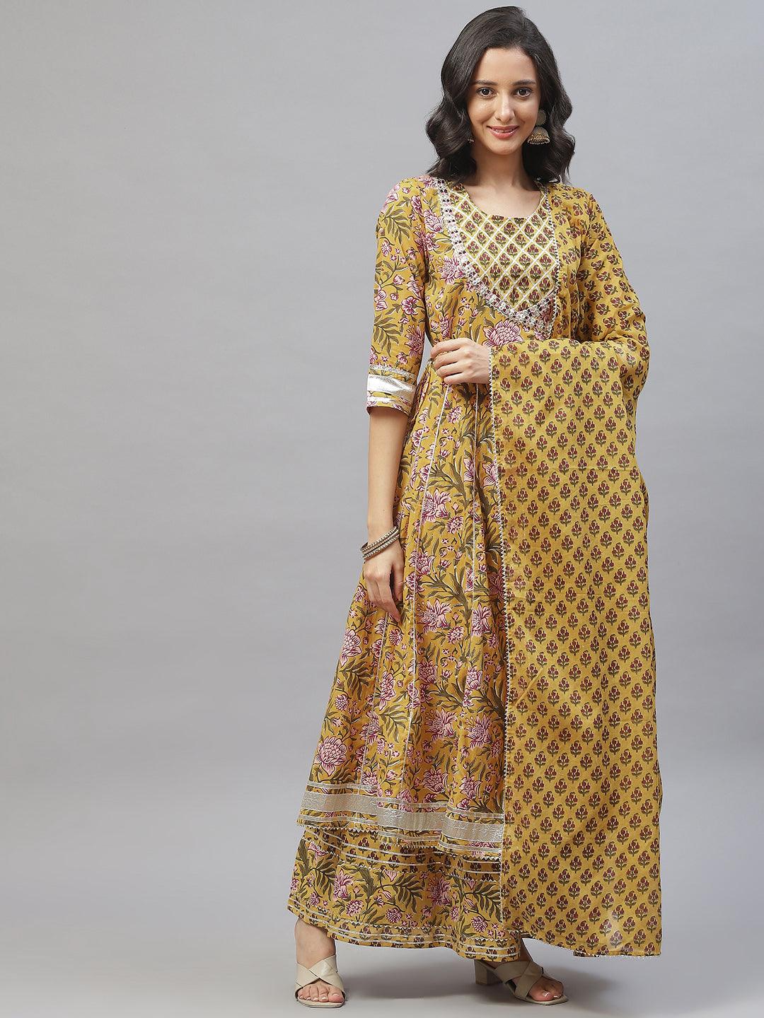 Eshani Mustard Cotton Anarkali Kurta Palazzo Set With Dupatta - Eshani world