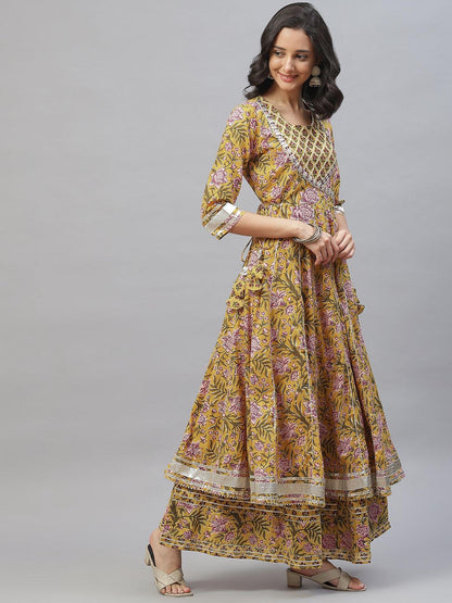 Eshani Mustard Cotton Anarkali Kurta Palazzo Set With Dupatta - Eshani world