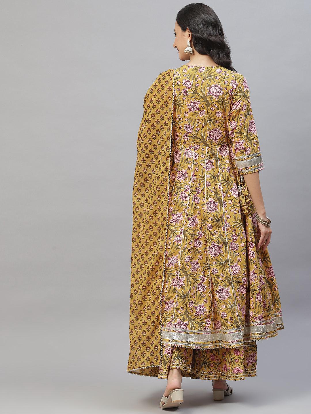 Eshani Mustard Cotton Anarkali Kurta Palazzo Set With Dupatta - Eshani world