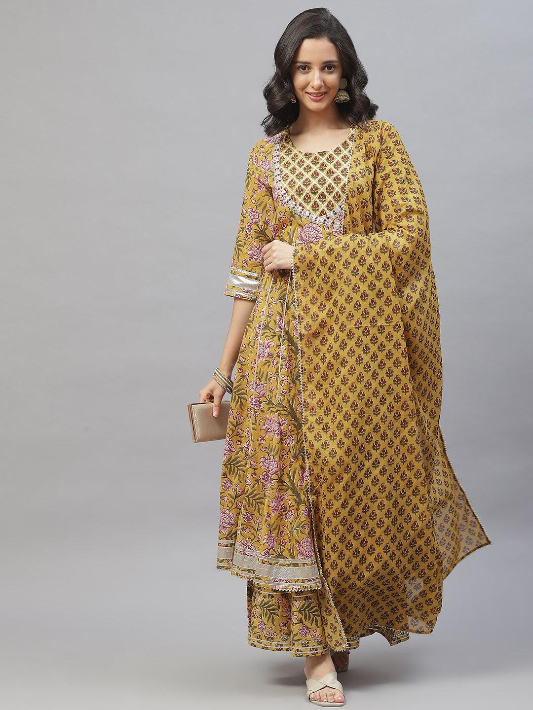 Eshani Mustard Cotton Anarkali Kurta Palazzo Set With Dupatta - Eshani world