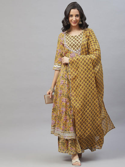 Eshani Mustard Cotton Anarkali Kurta Palazzo Set With Dupatta - Eshani world