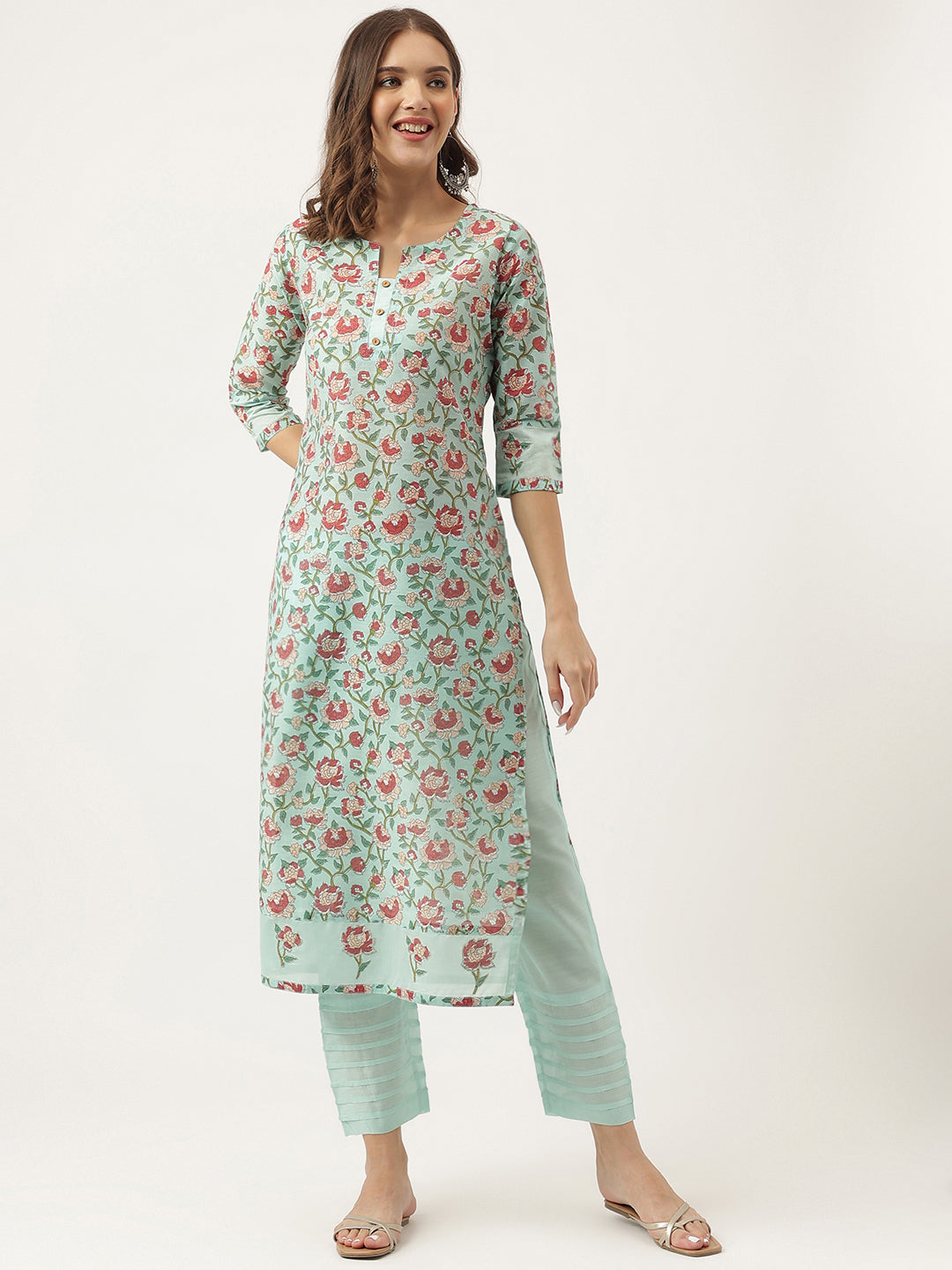 Eshani Green Chanderi Floral Printed Kurta with Pant Set