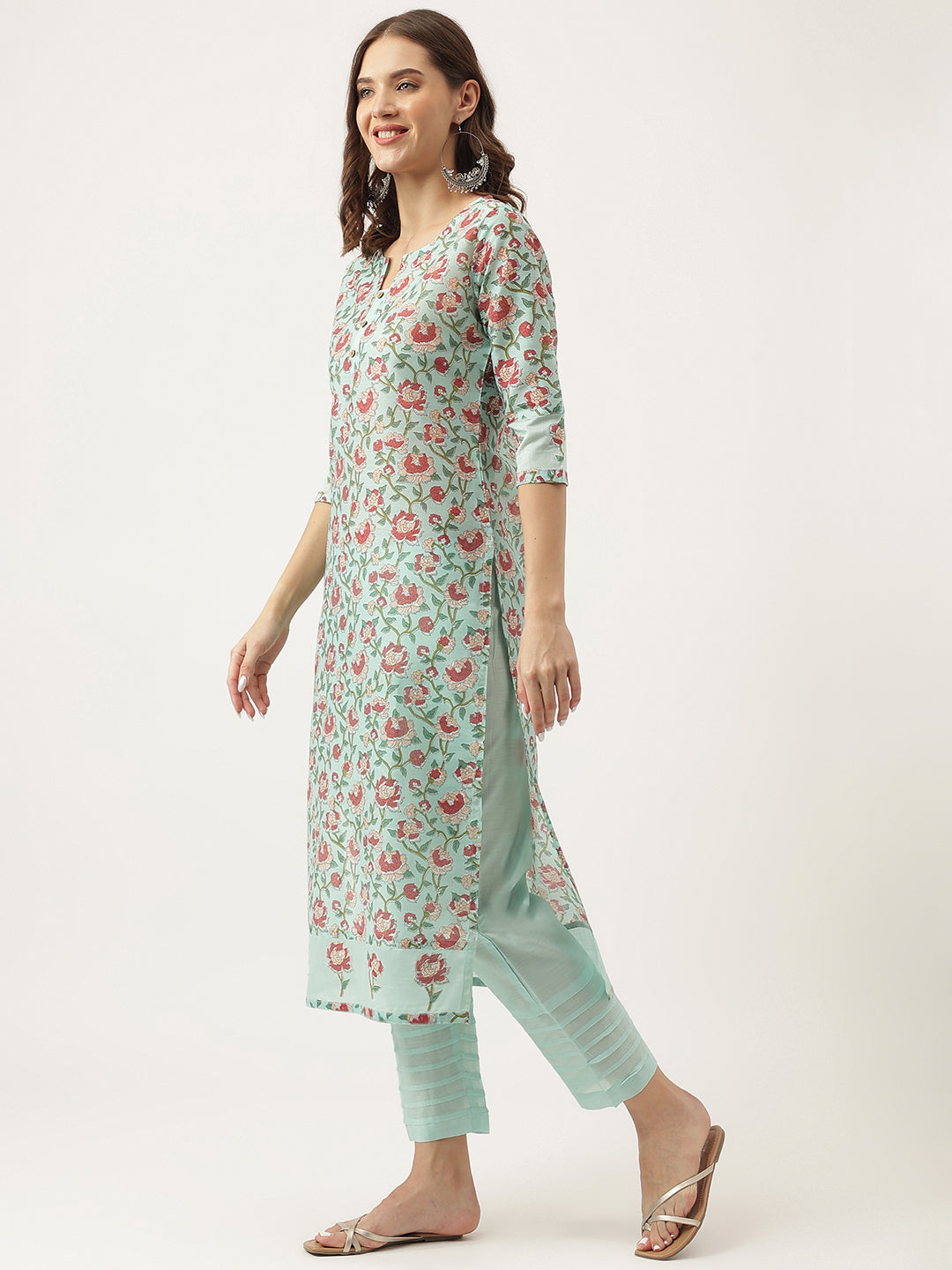 Eshani Green Chanderi Floral Printed Kurta with Pant Set