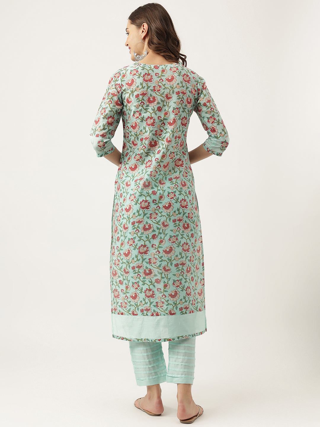 Eshani Green Chanderi Floral Printed Kurta with Pant Set