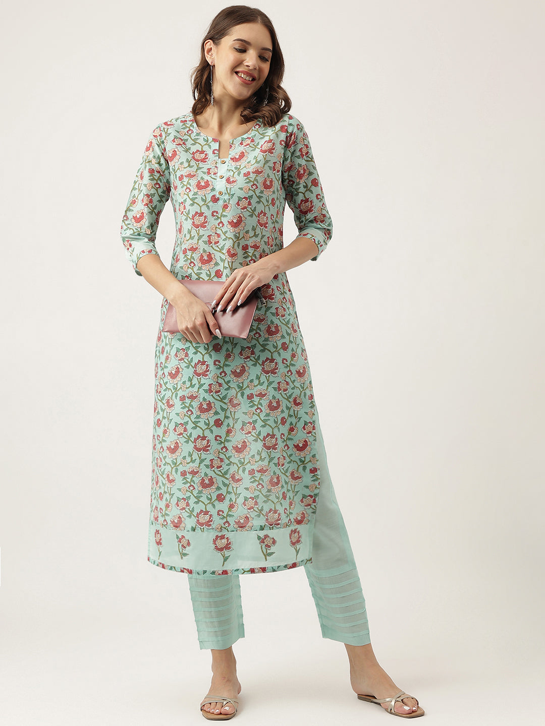 Eshani Green Chanderi Floral Printed Kurta with Pant Set