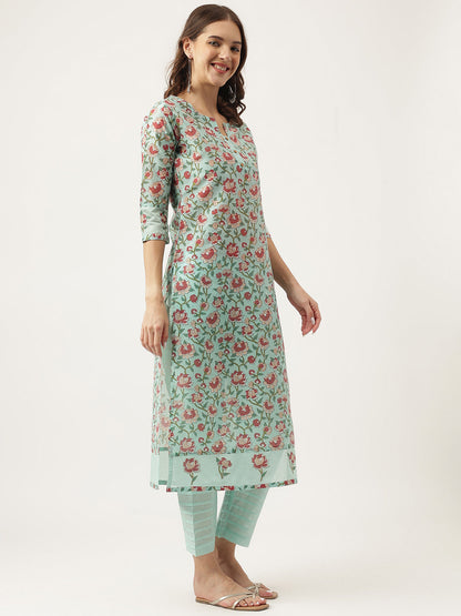 Eshani Green Chanderi Floral Printed Kurta with Pant Set