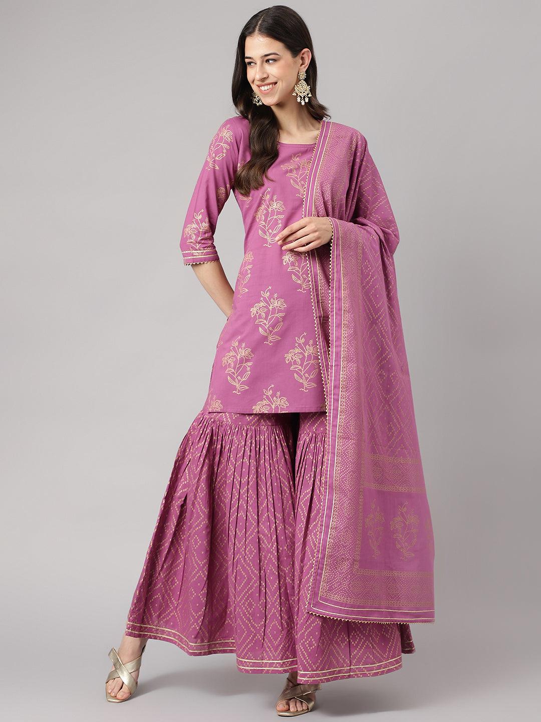 Eshani Purple Foil Print Cotton Sharara Set with Dupatta - Eshani world