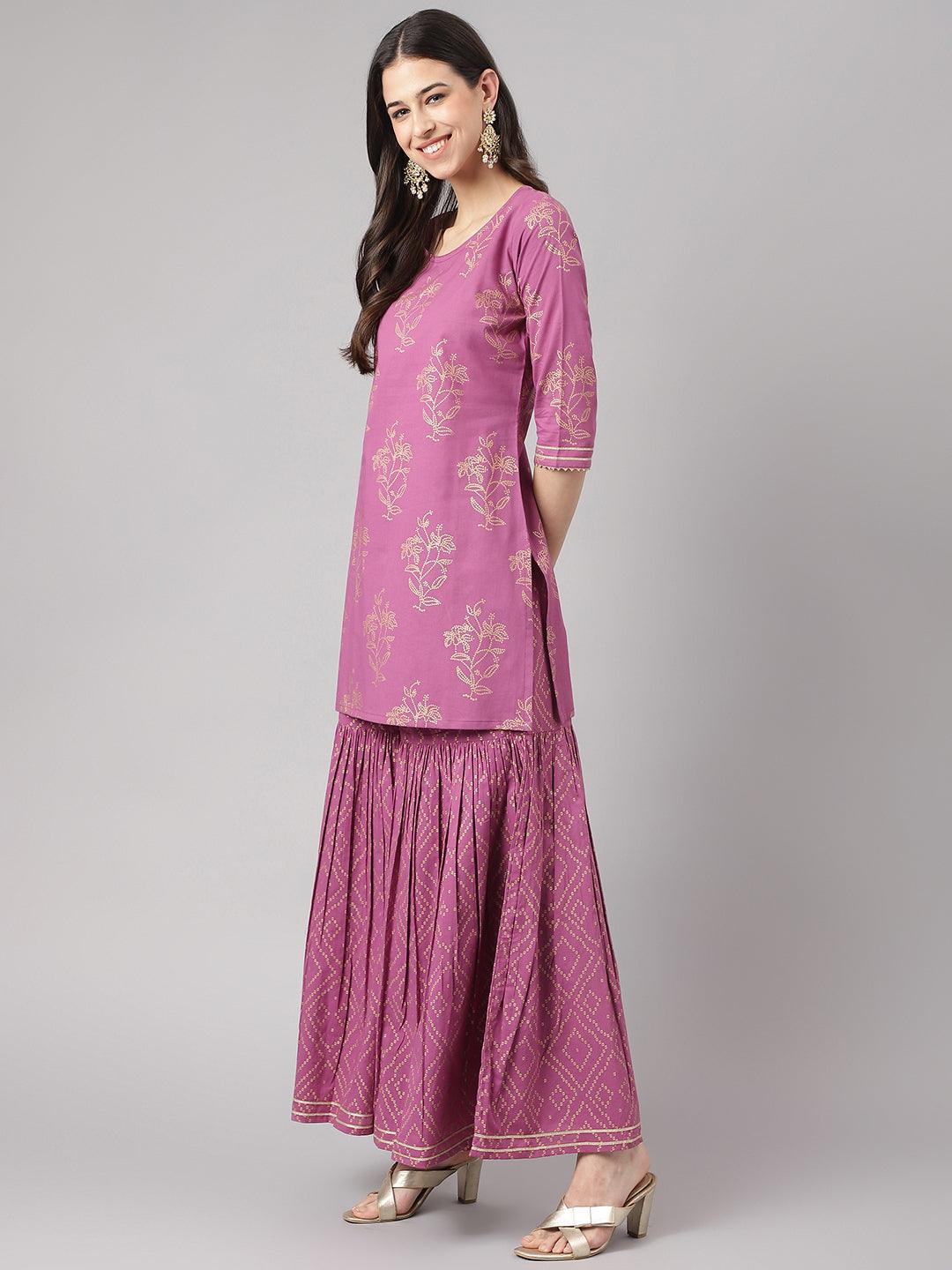 Eshani Purple Foil Print Cotton Sharara Set with Dupatta - Eshani world