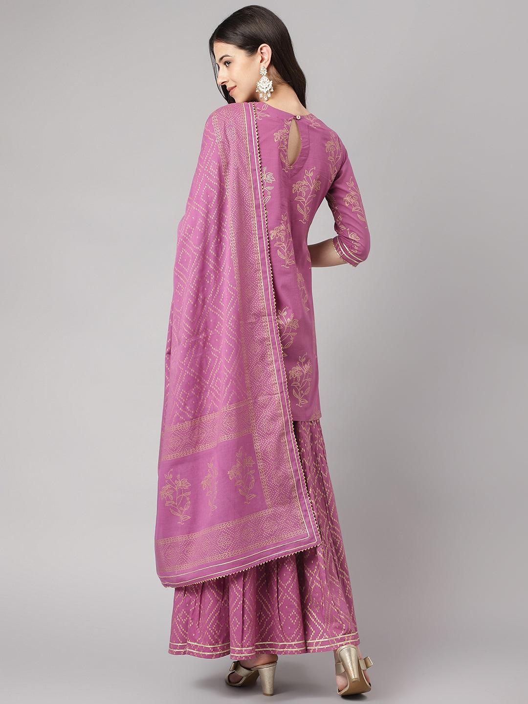 Eshani Purple Foil Print Cotton Sharara Set with Dupatta - Eshani world